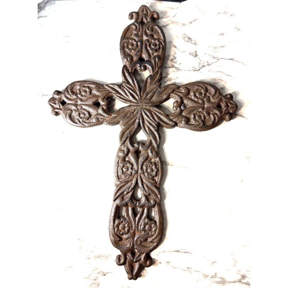 VTG Christian Flat Iron Cross with Floral Patterns: 13 x 9 (P2898)